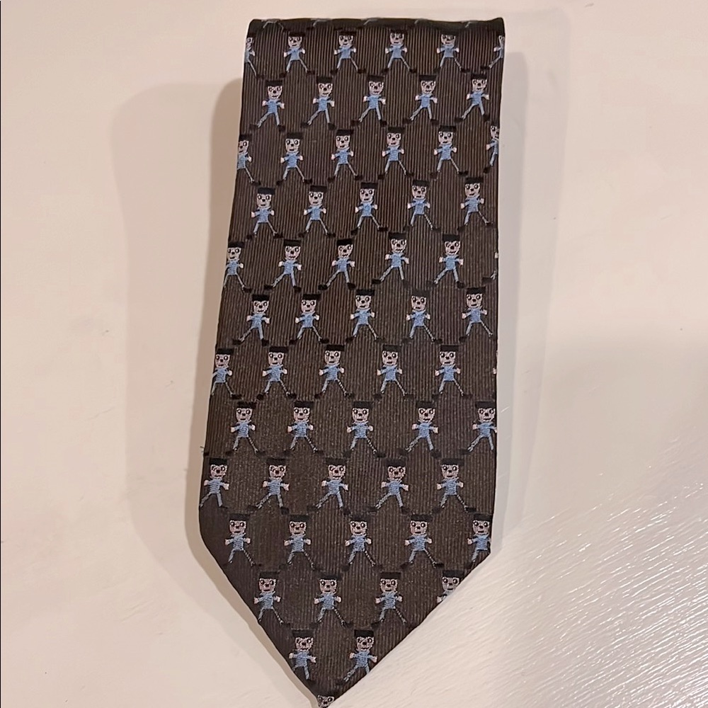 Vintage MOSCHINO 100% Silk Neck TIE CARTOON MAN Brown Blue Black Mr Bill Pattern